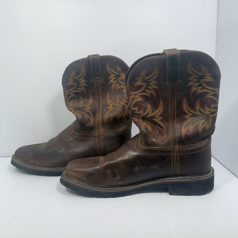 Justin Work Boots Men 13D Steel Toe Western Leather Brown Pull-On ASTM F2413-11